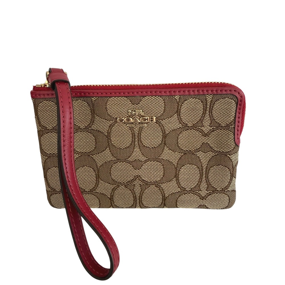Coach Signature Canvas Wristlet Brown Jacquard Red Leather Trim Zip Pouch